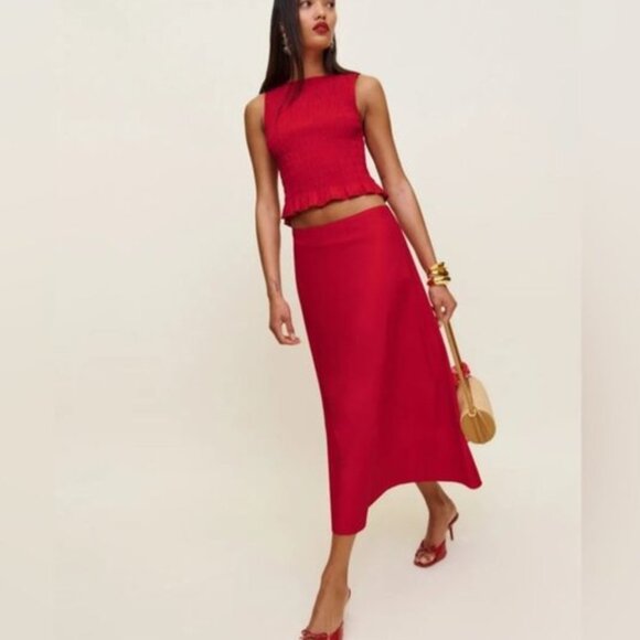 NEW Reformation Laguna Two Piece Matching Midi Skirt Set Lipstick Red US 2 UK 4 - Picture 1 of 14